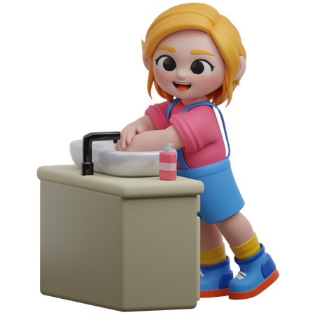 Girl Washes Hands Sink  3D Illustration