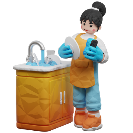 Girl Washing Dishes In Kitchen  3D Illustration