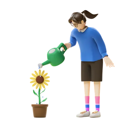 Girl Watering Flower  3D Illustration