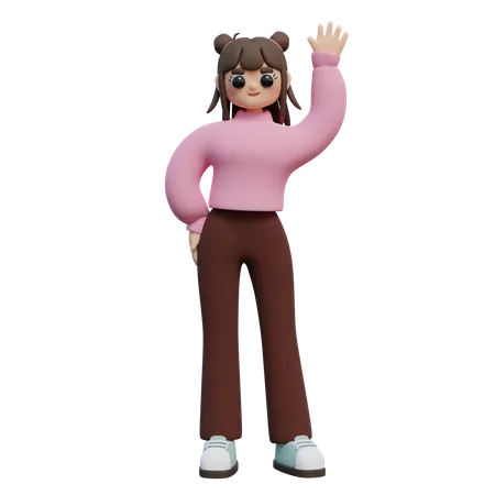 A Young Girl Stands With Her Hand On Her Side And Waves Her Other Hand 3D Illustration