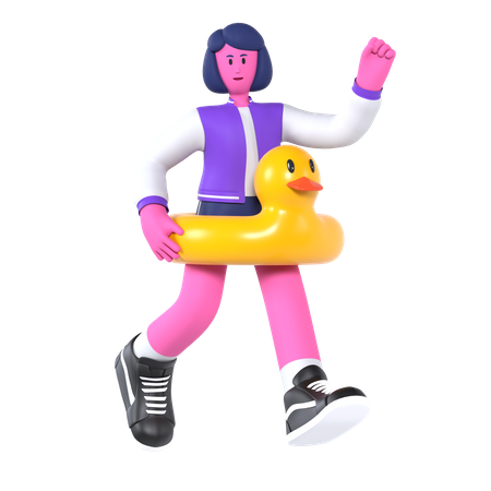 Girl wearing rubber duck pool ring  3D Illustration