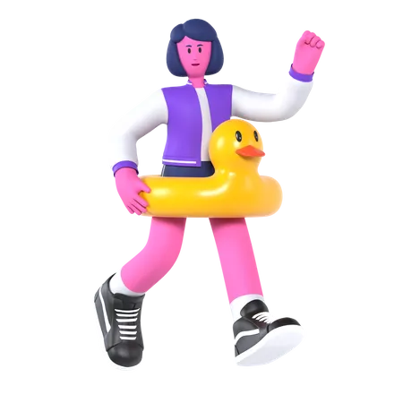 Girl wearing rubber duck pool ring  3D Illustration