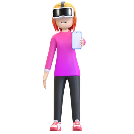 Girl wearing virtual reality headset and holding smartphone 3D Illustration