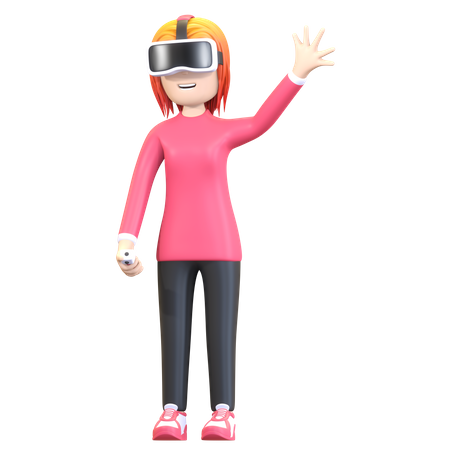 Girl wearing virtual reality headset and waving hand  3D Illustration