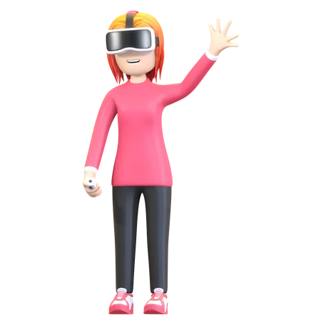 Girl wearing virtual reality headset and waving hand  3D Illustration