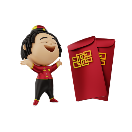 Girl with Chinese red pockets  3D Illustration