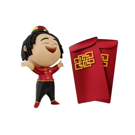 Girl with Chinese red pockets  3D Illustration