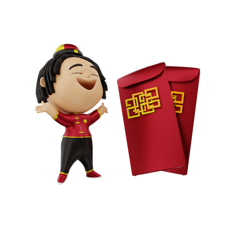 Girl with Chinese red pockets 3D Illustration