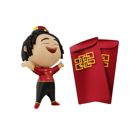 Girl with Chinese red pockets 3D Illustration