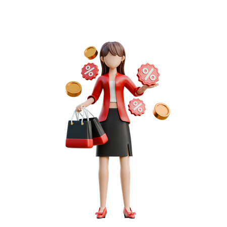 Girl With Confetti And A Discount Banner  3D Illustration