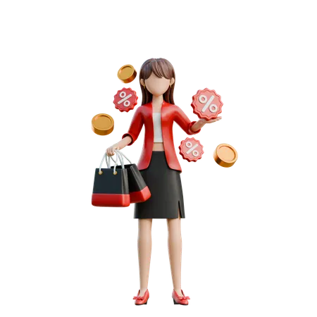 Girl With Confetti And A Discount Banner  3D Illustration