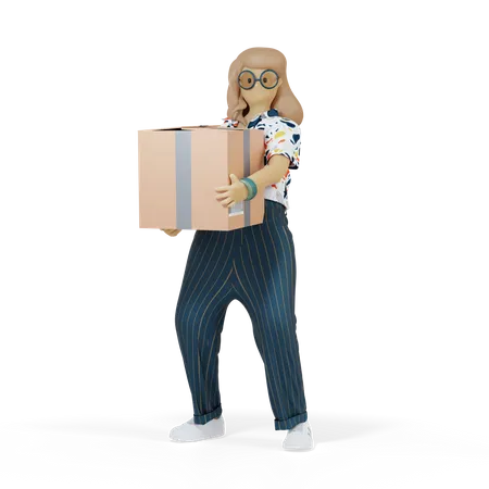 Girl With Delivery Box  3D Illustration