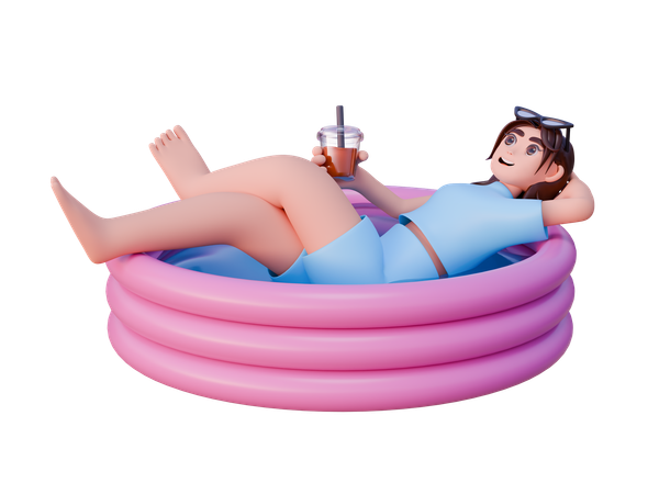 飲み物を持ってインフレータブルプールでリラックスする女の子  3D Icon
