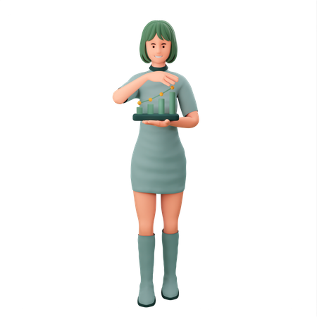 Girl With Growing Statistics Chart In Her Hand  3D Icon