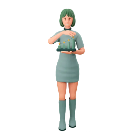 Girl With Growing Statistics Chart In Her Hand  3D Illustration