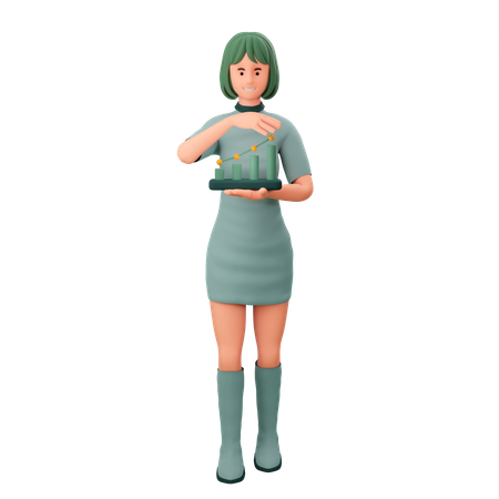 Girl With Growing Statistics Chart In Her Hand 3D Illustration