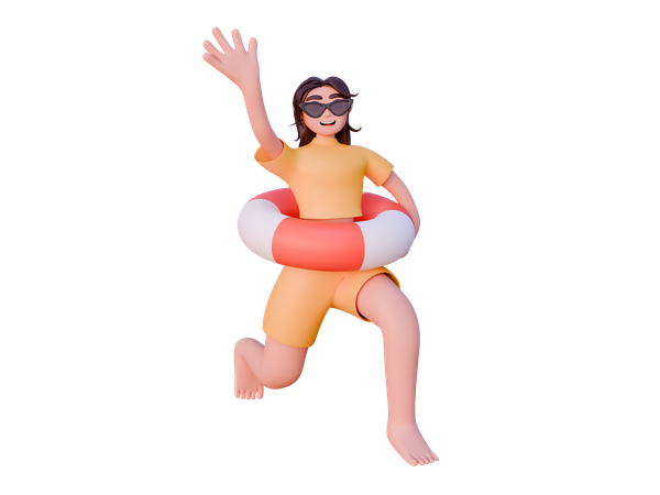 膨らませたリングを持って手を振っている女の子  3D Icon