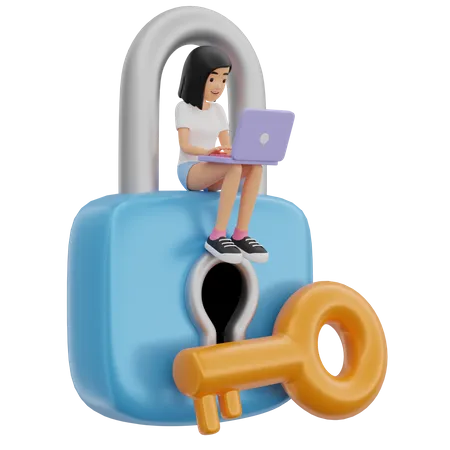 Girl with laptop lock  3D Illustration