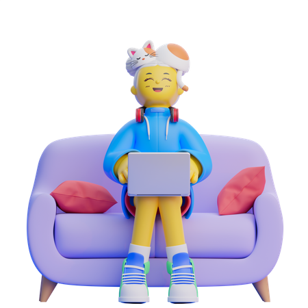 Girl With Laptop On Sofa  3D Illustration