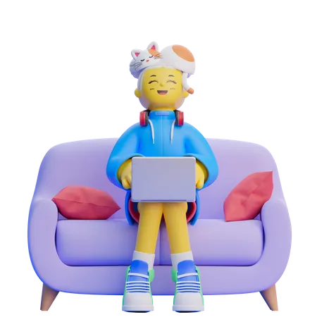 Girl With Laptop On Sofa  3D Illustration