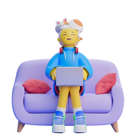 Girl With Laptop On Sofa 3D Illustration