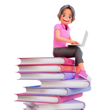 Girl with laptop studying on online course  3D Illustration