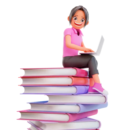 Girl with laptop studying on online course  3D Illustration