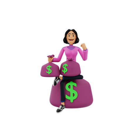 Girl with money bags  3D Icon
