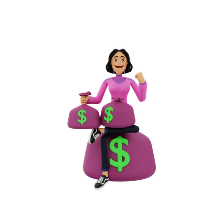 Girl with money bags  3D Illustration