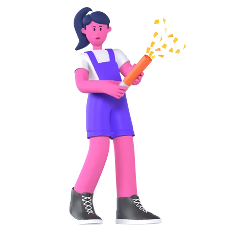 Girl With Party Popper  3D Illustration