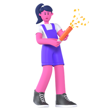 Girl With Party Popper  3D Illustration