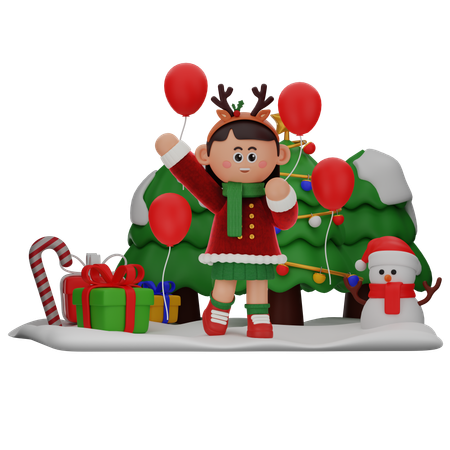 Girl With Red Balloons Around  3D Icon