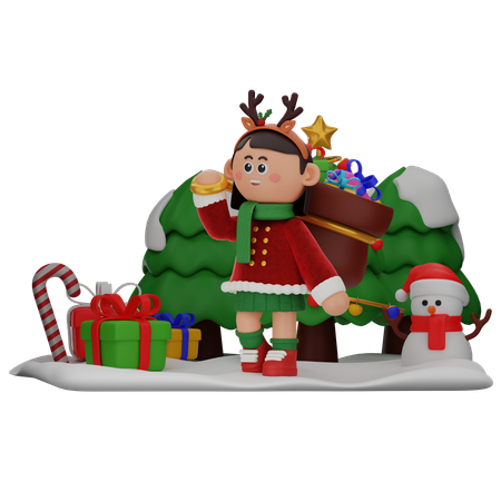 Girl With Sack Of Gifts  3D Illustration
