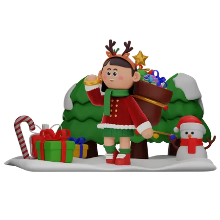 Girl With Sack Of Gifts  3D Illustration