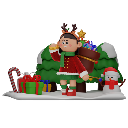 Girl With Sack Of Gifts  3D Icon