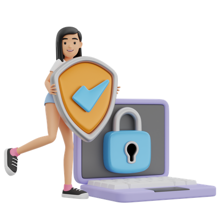 Girl with secure laptop  3D Icon