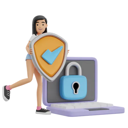 Girl with secure laptop  3D Illustration