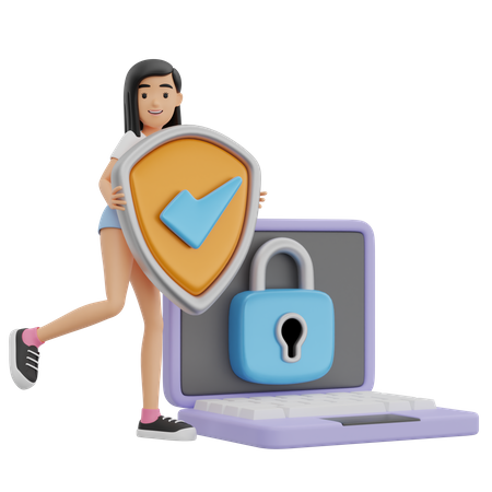 Girl with secure laptop  3D Illustration