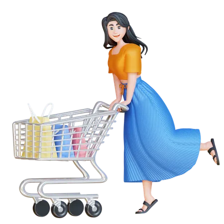 Girl With Shopping Cart  3D Illustration