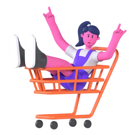 Girl With Shopping Cart  3D Illustration