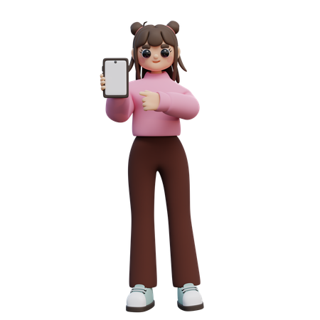 Girl With Smartphone In Hands Points Finger At Screen  3D Illustration