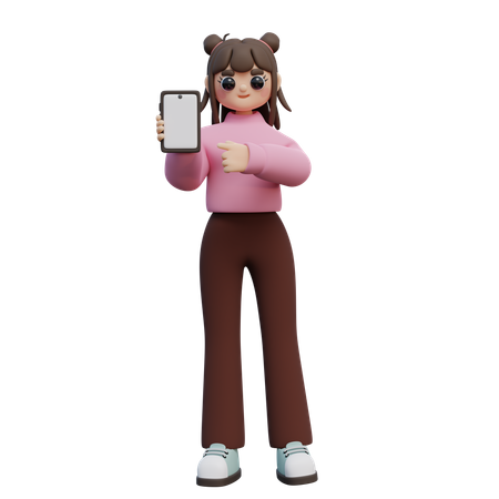 Girl With Smartphone In Hands Points Finger At Screen  3D Icon