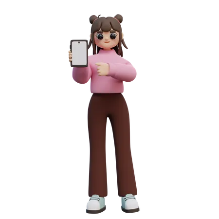 Girl With Smartphone In Hands Points Finger At Screen  3D Illustration