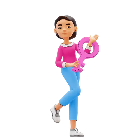 Girl with success key 3D Illustration