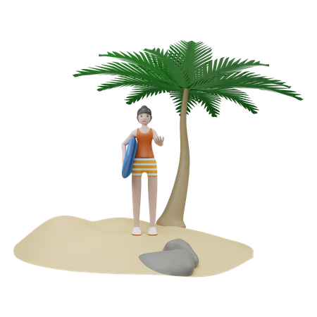 Girl With Surf Board  3D Icon