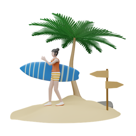 Girl With Surf Board  3D Icon