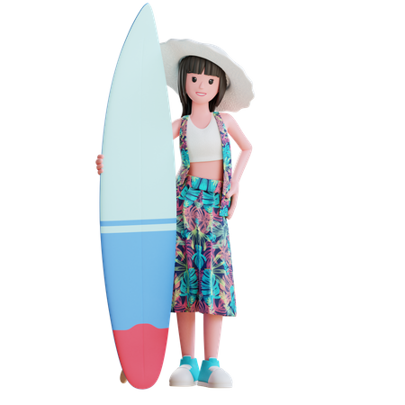 Girl With Surf Board  3D Illustration