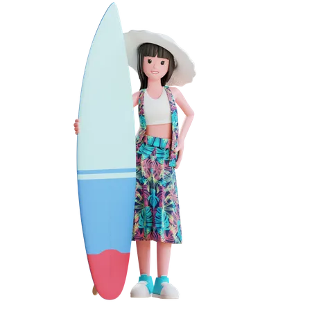 Girl With Surf Board  3D Illustration