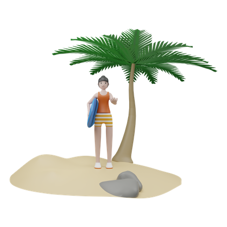 Girl With Surf Board  3D Illustration