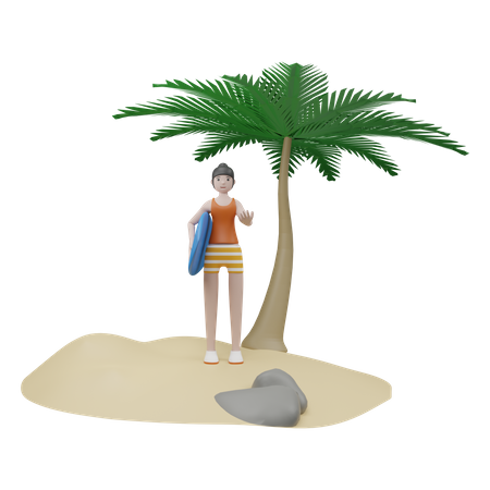 Girl With Surf Board 3D Illustration